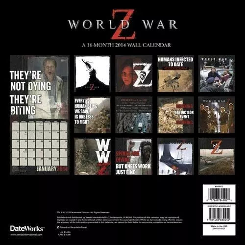 World War Z 2014 Wall Calendar