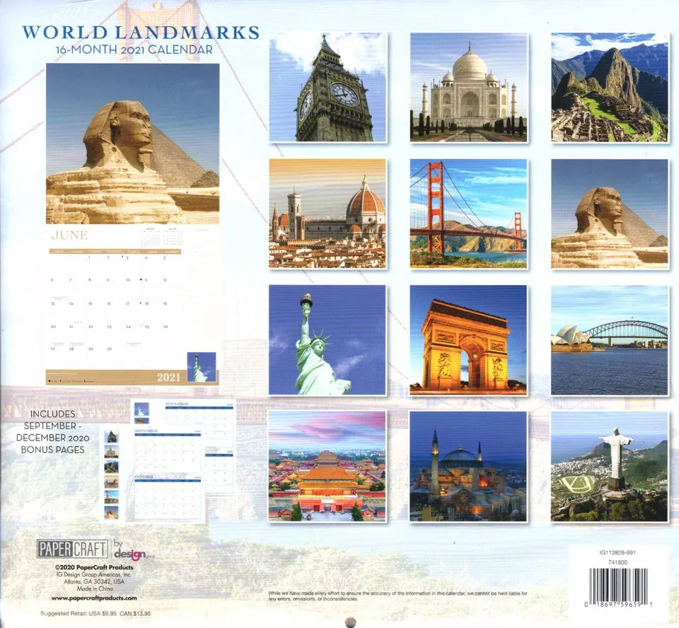 2021 16 Month Wall Calendar - World Landmarks - with 100 Reminder Stickers