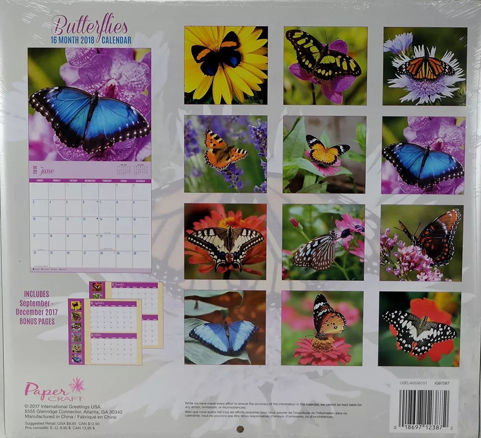 2018 Butterflies Color Monthly Wall Calendar, 12 x 22
