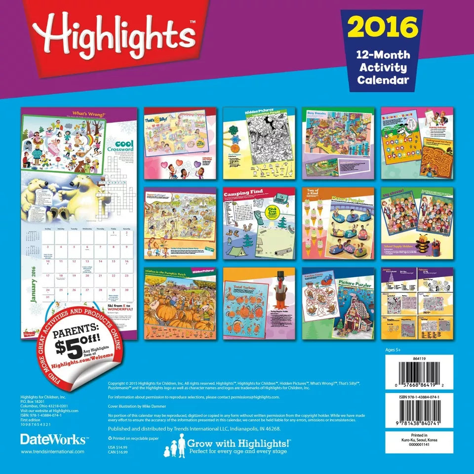 Highlights Puzzles & Games 2016 Wall Calendar