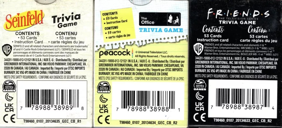 Trivia Game, Cards, Lot Of 3, Tv Shows-Seinfeld, The Office, Friends, New