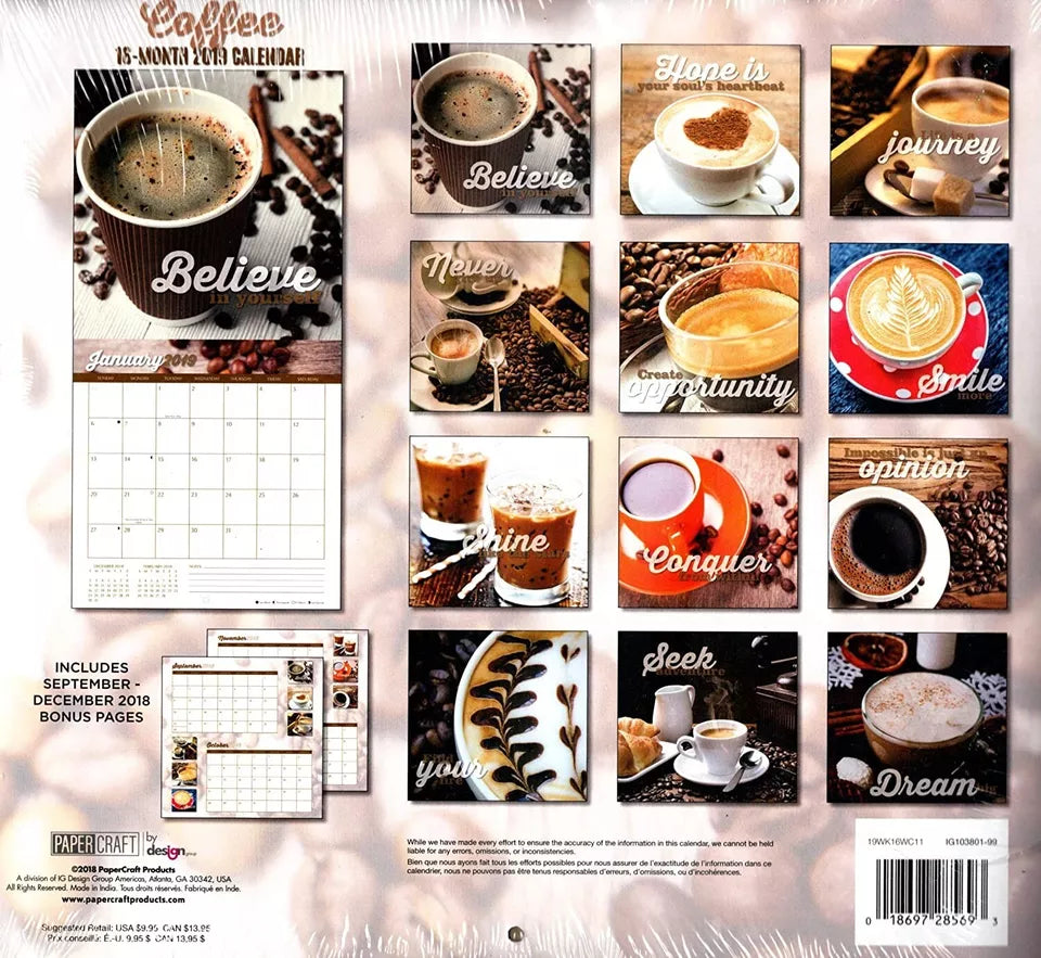 16 Month 2019 Wall Calendar - Coffee - with 120 Stickers