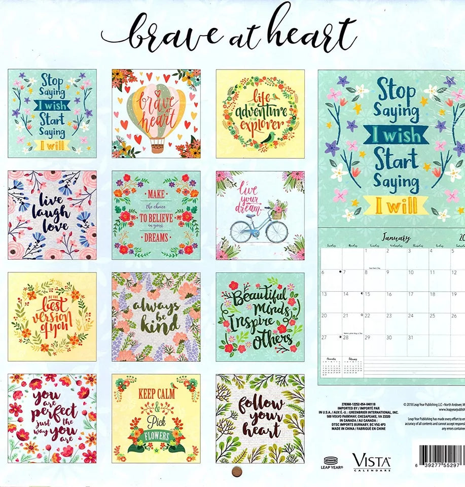 VISTA 2019 Brave at Heart - 16 Month Wall Calendar + 120 Reminder Stickers