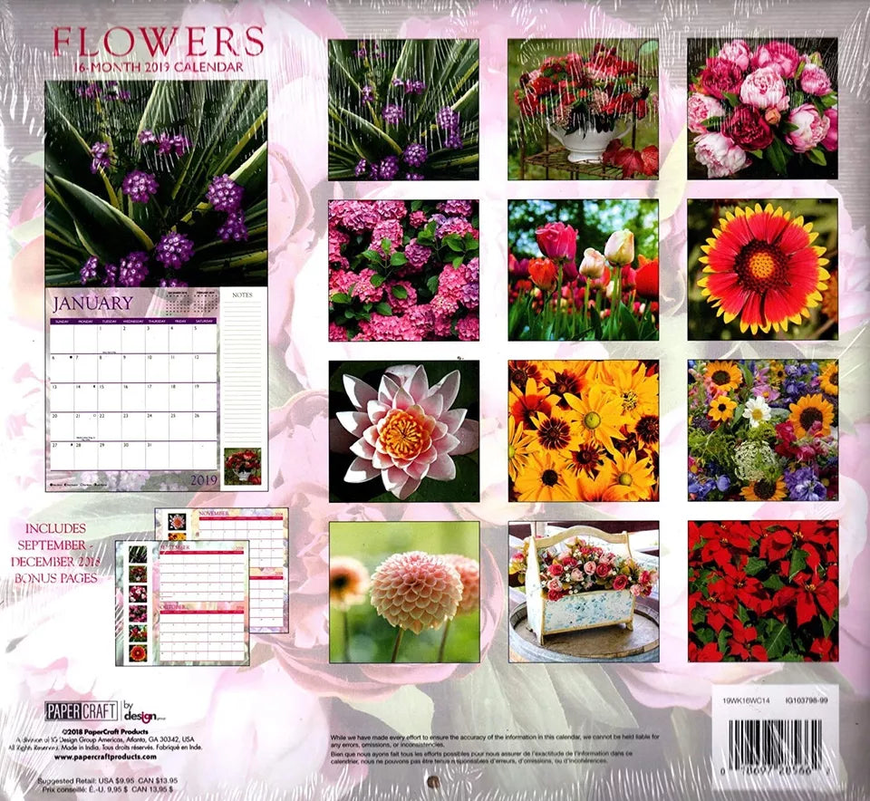 16 Month 2019 Wall Calendar - Flowers - with 120 Stickers