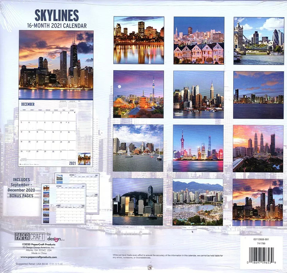 2021 16 Month Wall Calendar - Skylines - with 100 Reminder Stickers