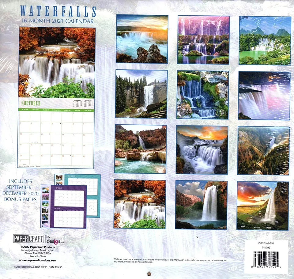2021 16 Month Wall Calendar - Waterfalls - with 100 Reminder Stickers