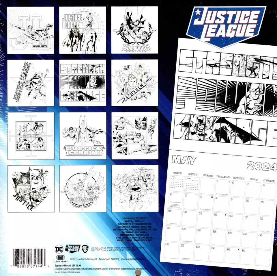 DC Justice League - 16 Month 2024 Wall Calendar (12 Pages to Color)