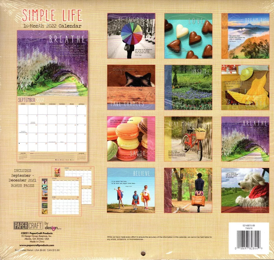2022 16 Month Wall Calendar Inspiration Linen Paper Texture - Simple Life