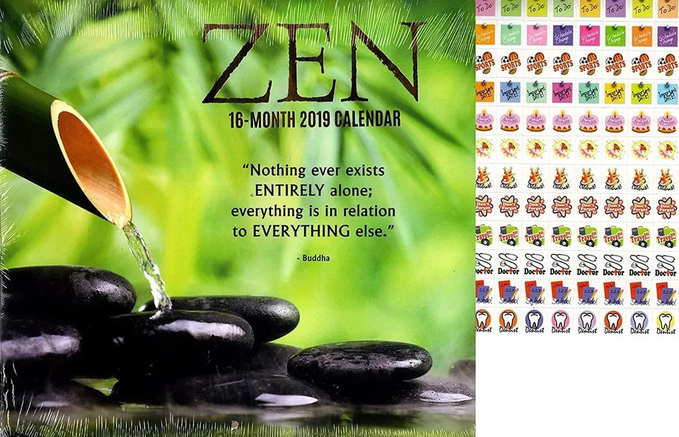 16 Month 2019 Wall Calendar - Zen - with 120 Stickers