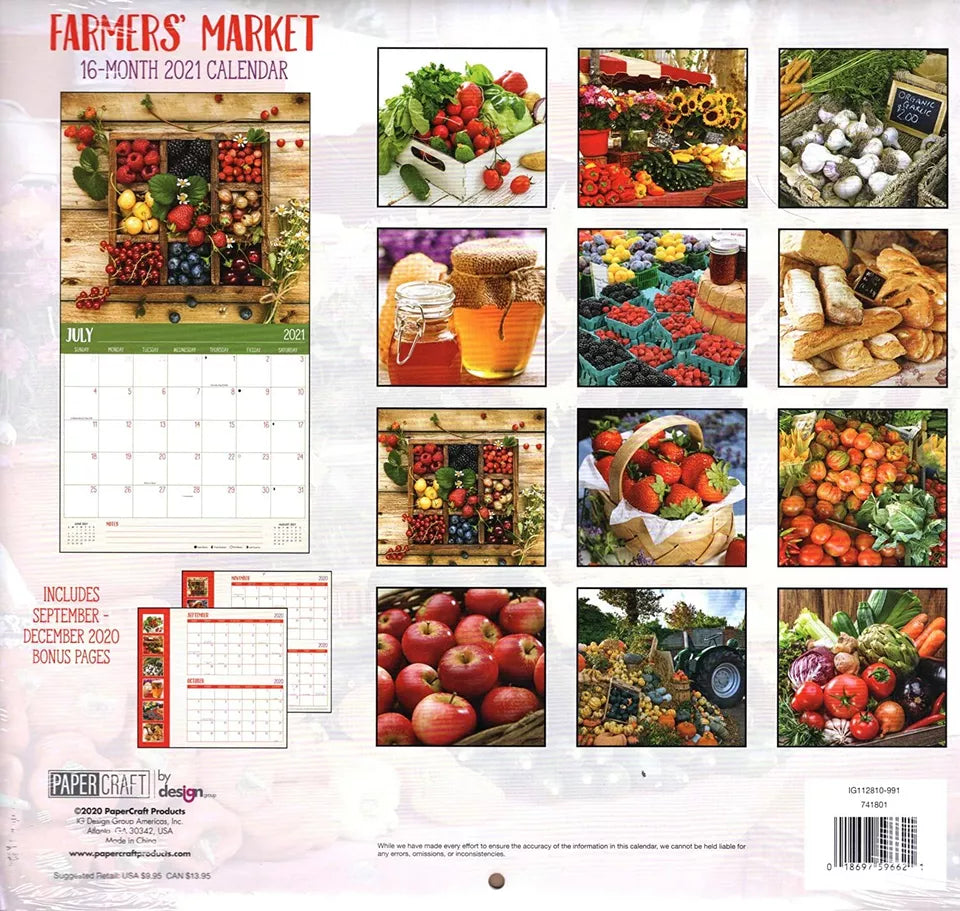 2021 16 Month Wall Calendar - Farmers Market - with 100 Reminder Stickers