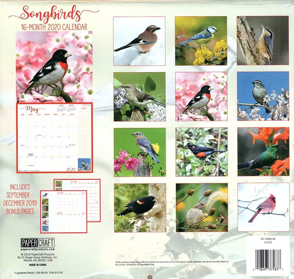 Songbirds - 16 Month 2020 Wall Calendar - with 100 Reminder Stickers