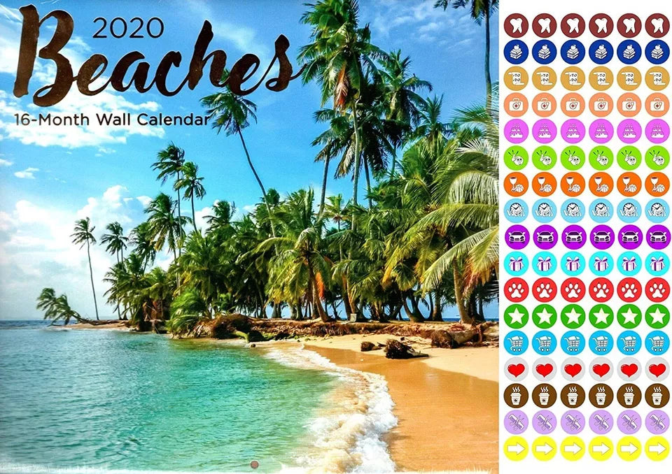 Beaches - 16 Month 2020 Wall Calendar - with 100 Reminder Stickers