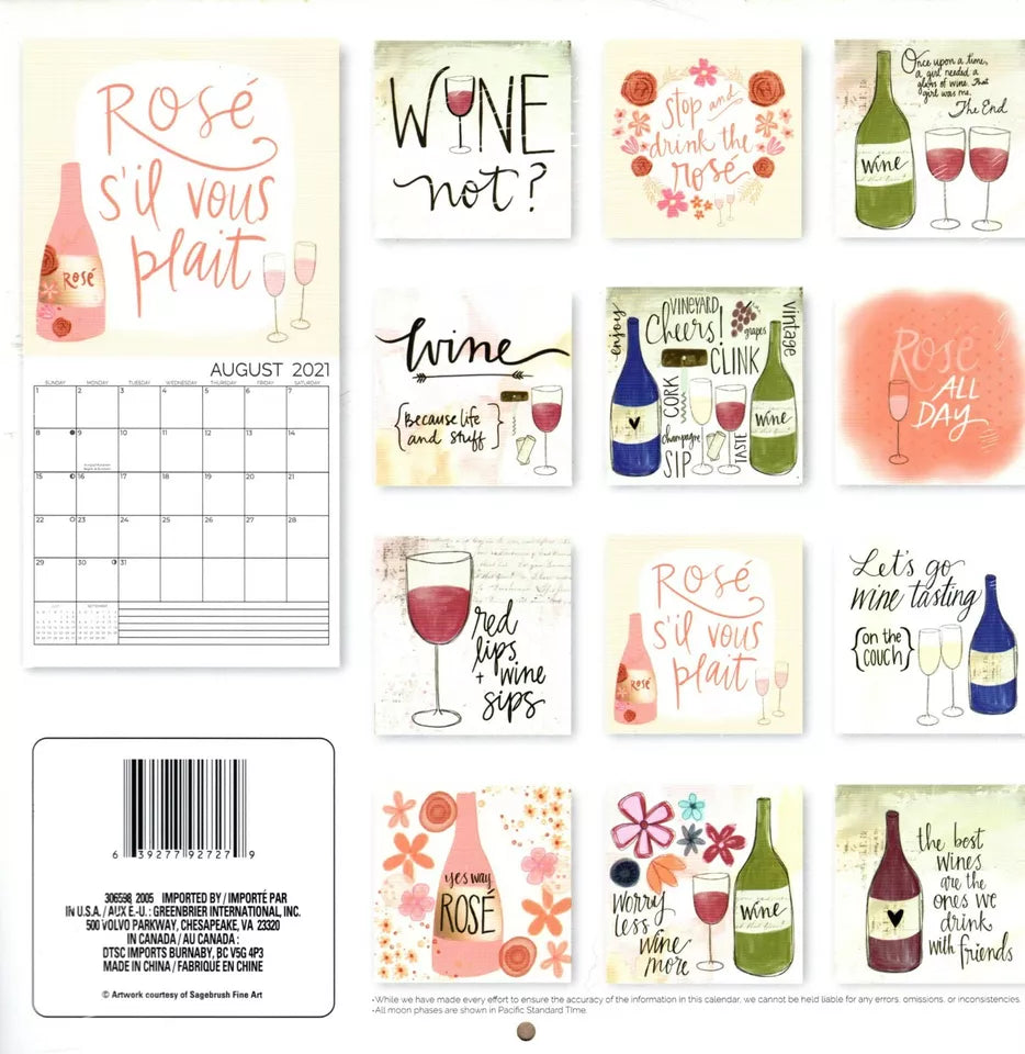 2021 12 Month Wall Calendar - Cheers, Enjoy, Wine - with 100 Reminder Stickers