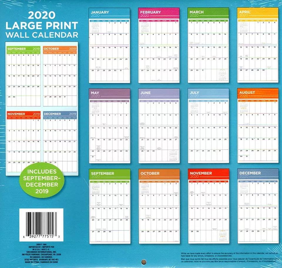 Large Print - 12 Month 2020 Wall Calendar - with 100 Reminder Stickers