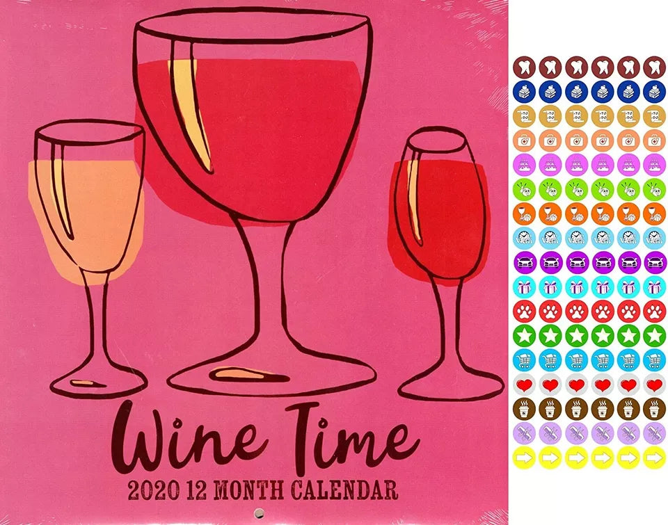 Wine Time - 12 Month 2020 Wall Calendar - with 100 Reminder Stickers