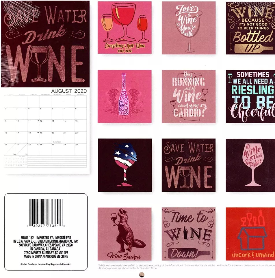 Wine Time - 12 Month 2020 Wall Calendar - with 100 Reminder Stickers