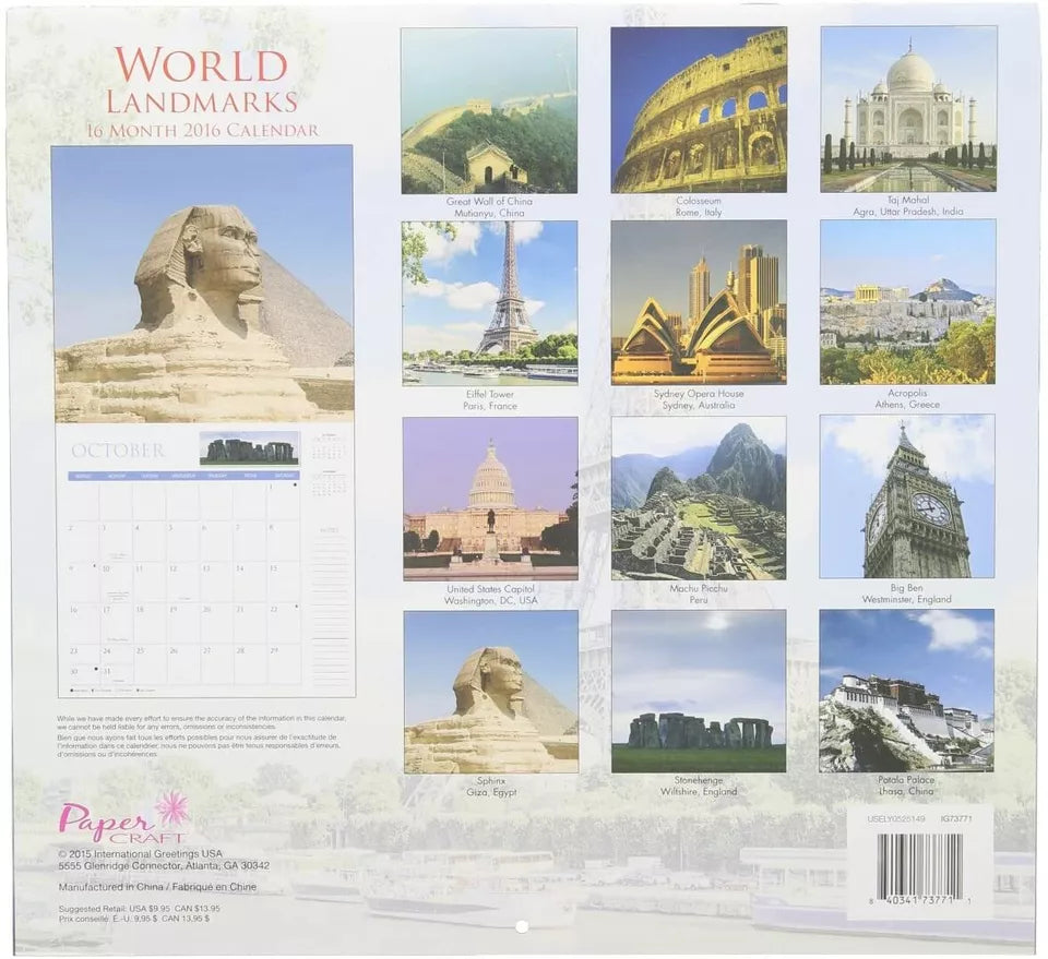 1 X 2016 World Landmarks 16 Month Wall Calendar