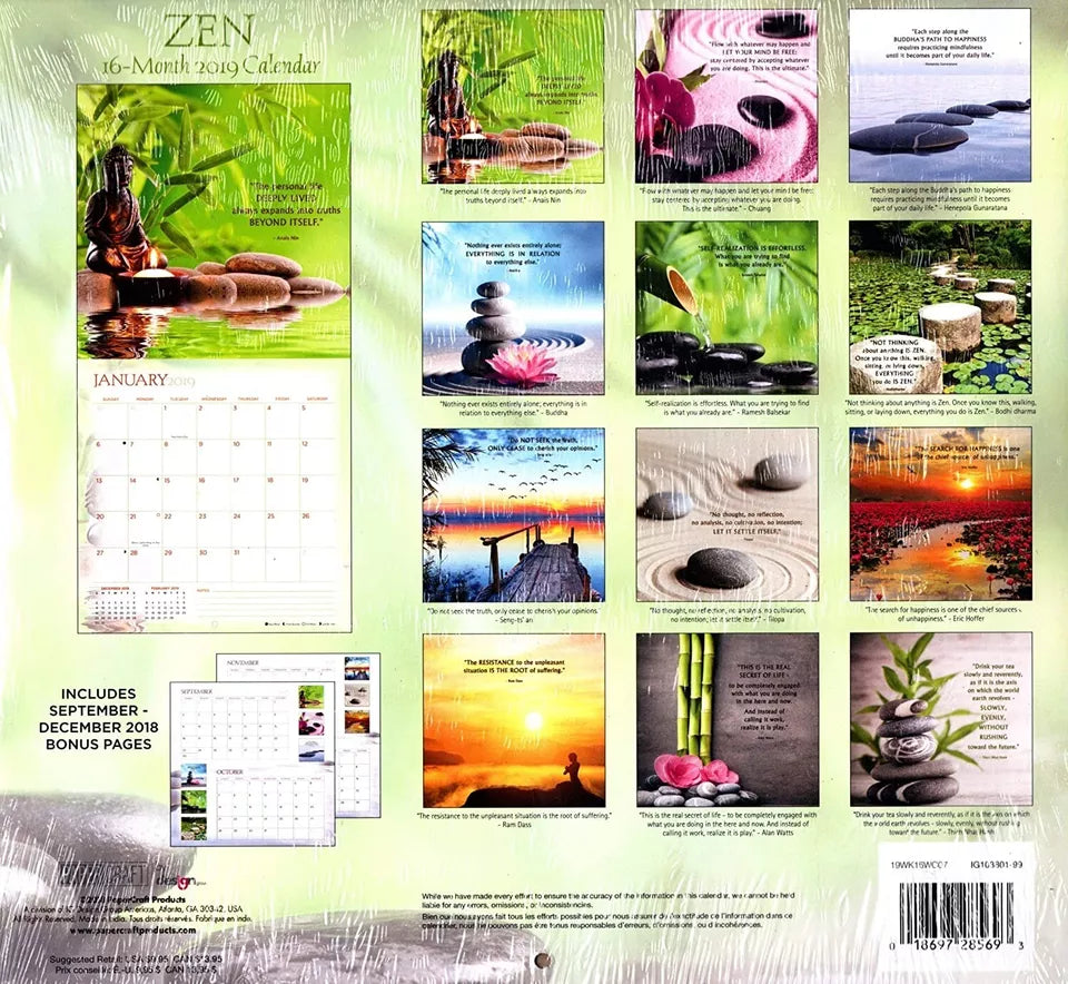 16 Month 2019 Wall Calendar - Zen - with 120 Stickers