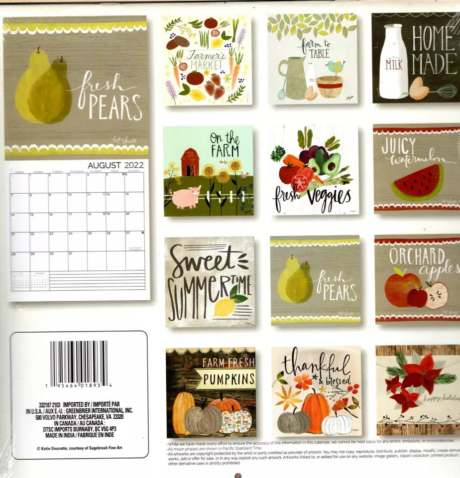 2022 12 Month Wall Calendar - Farmers Market - with 100 Reminder Stickers