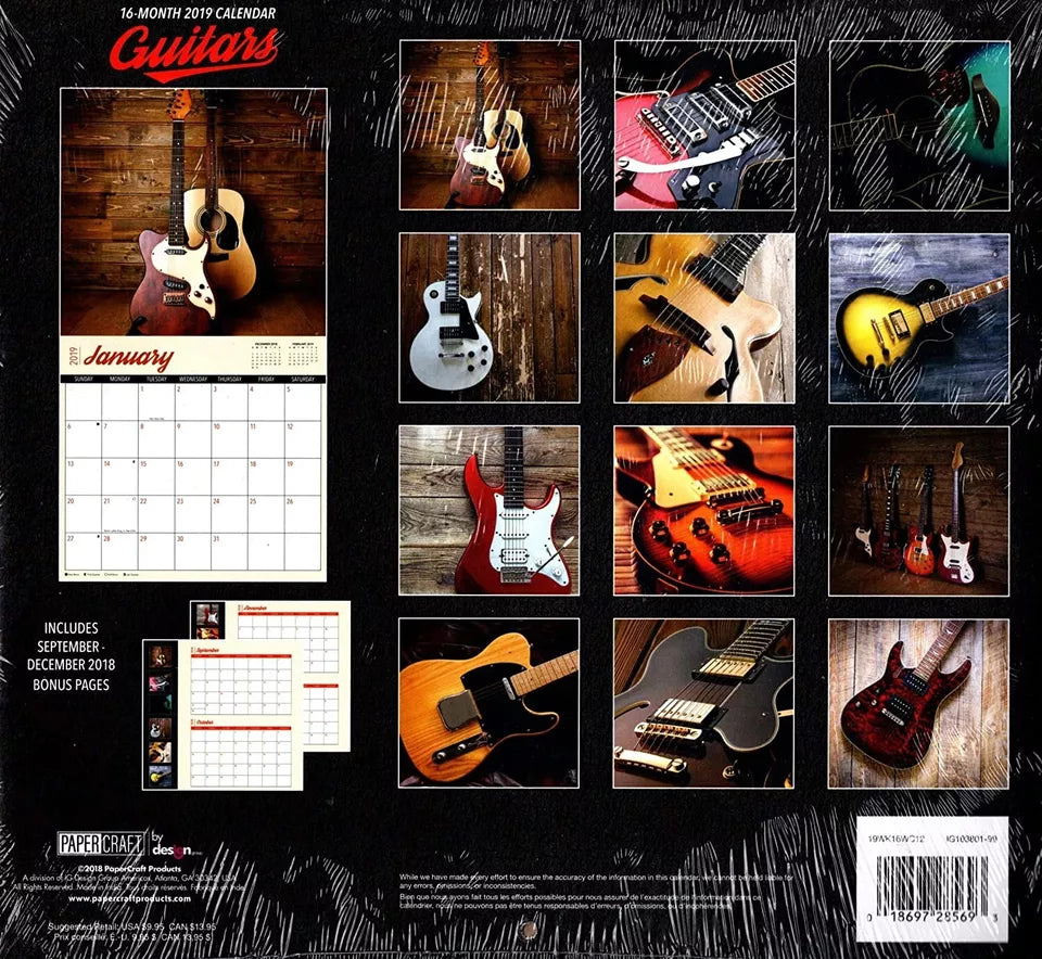 16 Month 2019 Wall Calendar - Guitars - with 120 Stickers