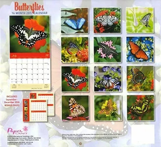 Butterflies 2017 Scheduler Planner Wall Calendar (16 Month) 12 x 11