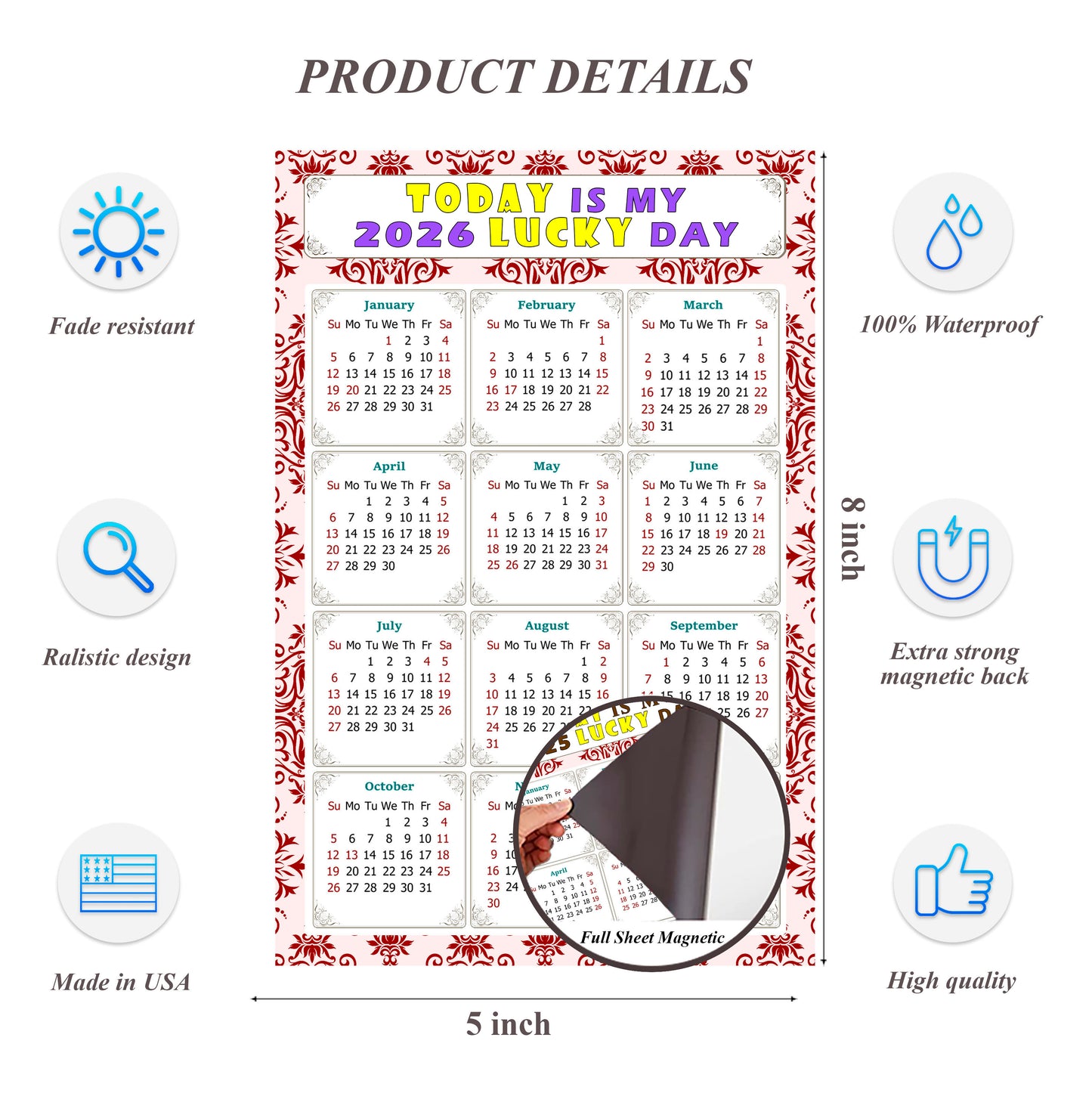 2026 Magnetic Calendar - Calendar Magnets - Today is my Lucky Day - (Fade, Tear, and Water Resistant) - Themed 03