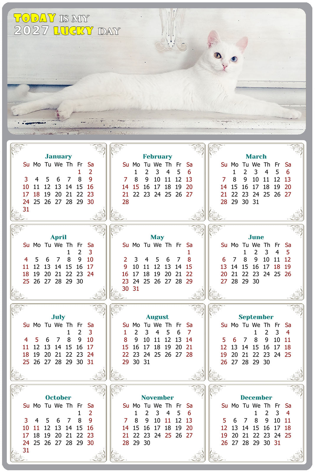2027 Peel & Stick Calendar - Today is my Lucky Day Removable - Cat 06 (9"x 6")