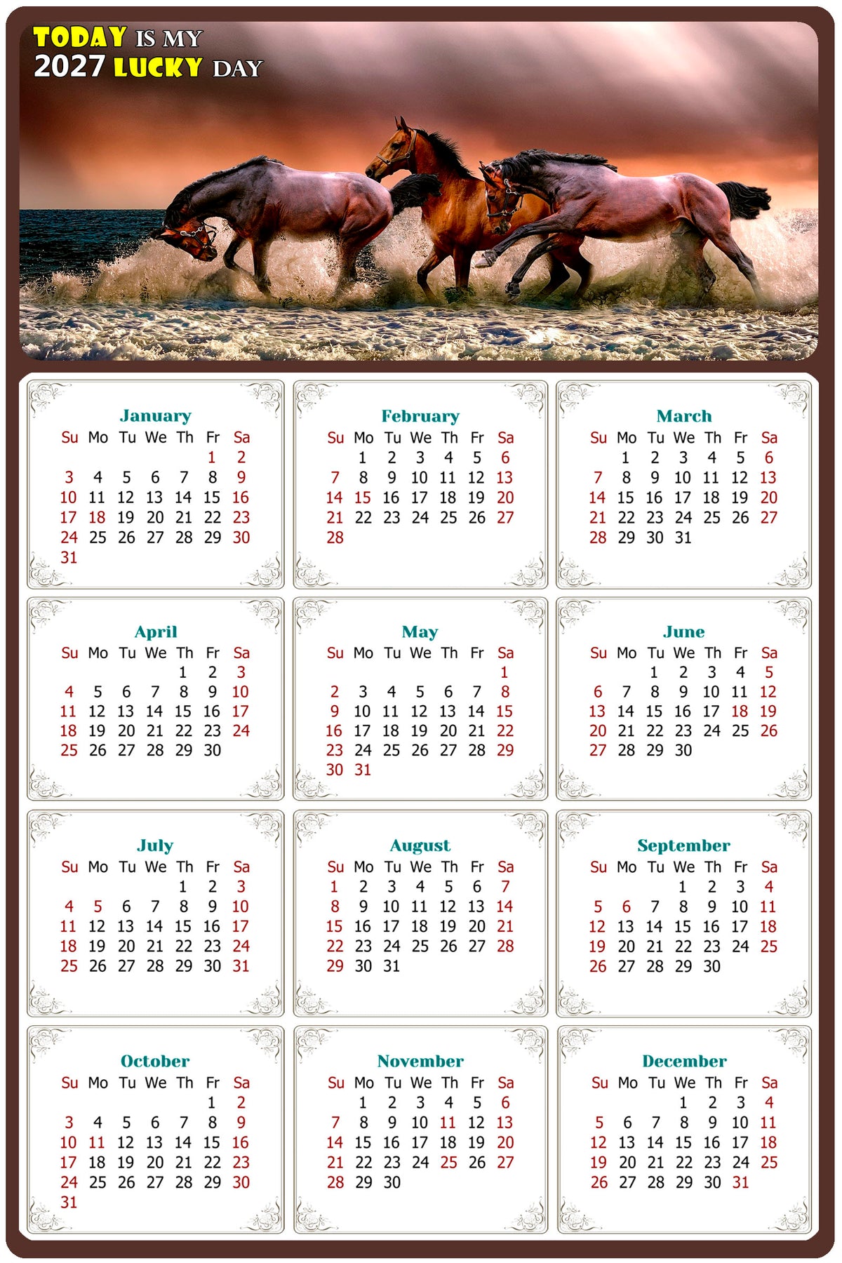2027 Peel & Stick Calendar - Today is my Lucky Day Removable - Horses 01 (12"x 8")