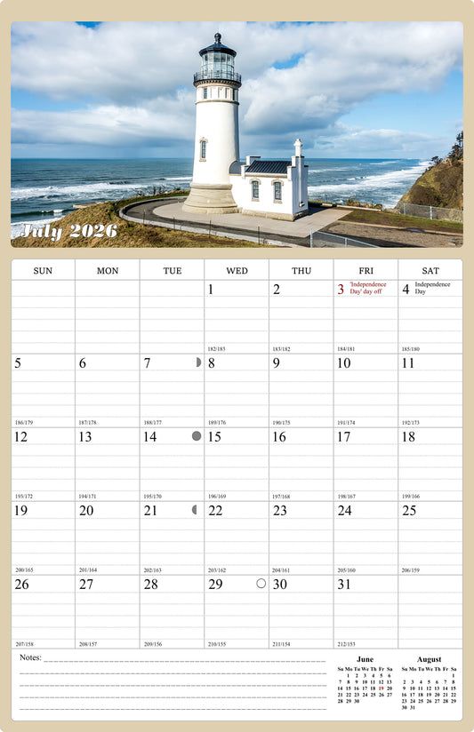 2026 - 2027 Wall Calendar Spiral-bound Twin-Wire Binding - 18 Months Planner - Large Ruled Blocks with Julian Dates - (Lighthouses)