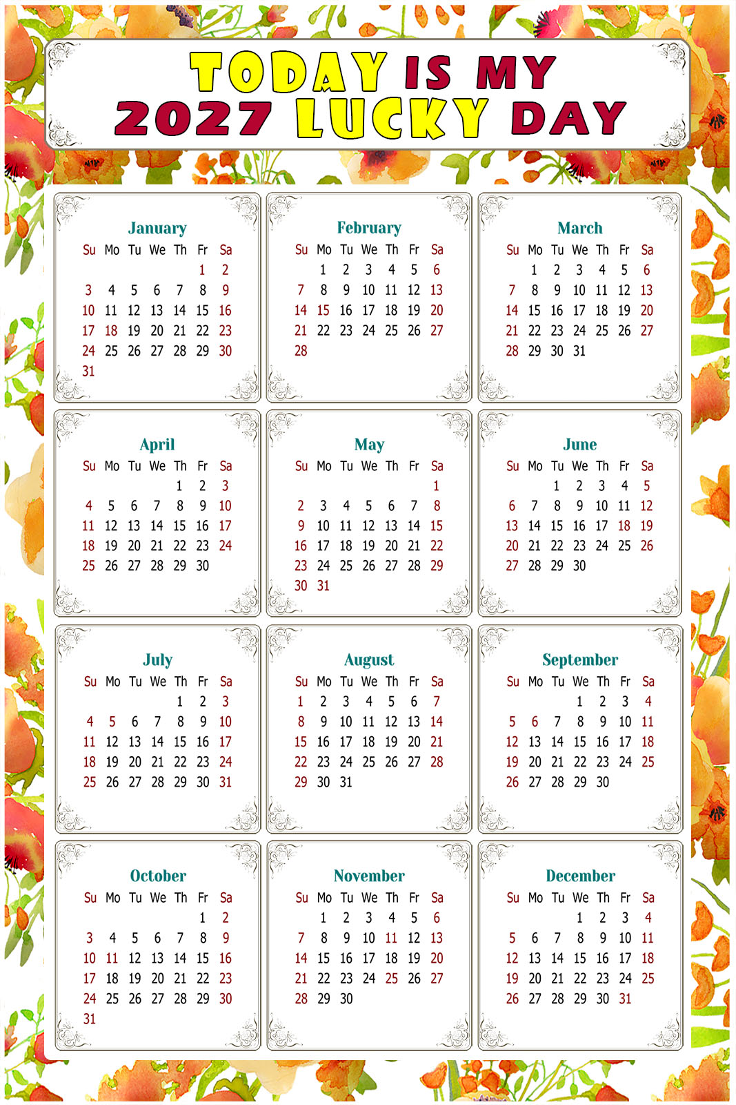 2027 Peel & Stick Calendar - Today is my Lucky Day Removable - 021