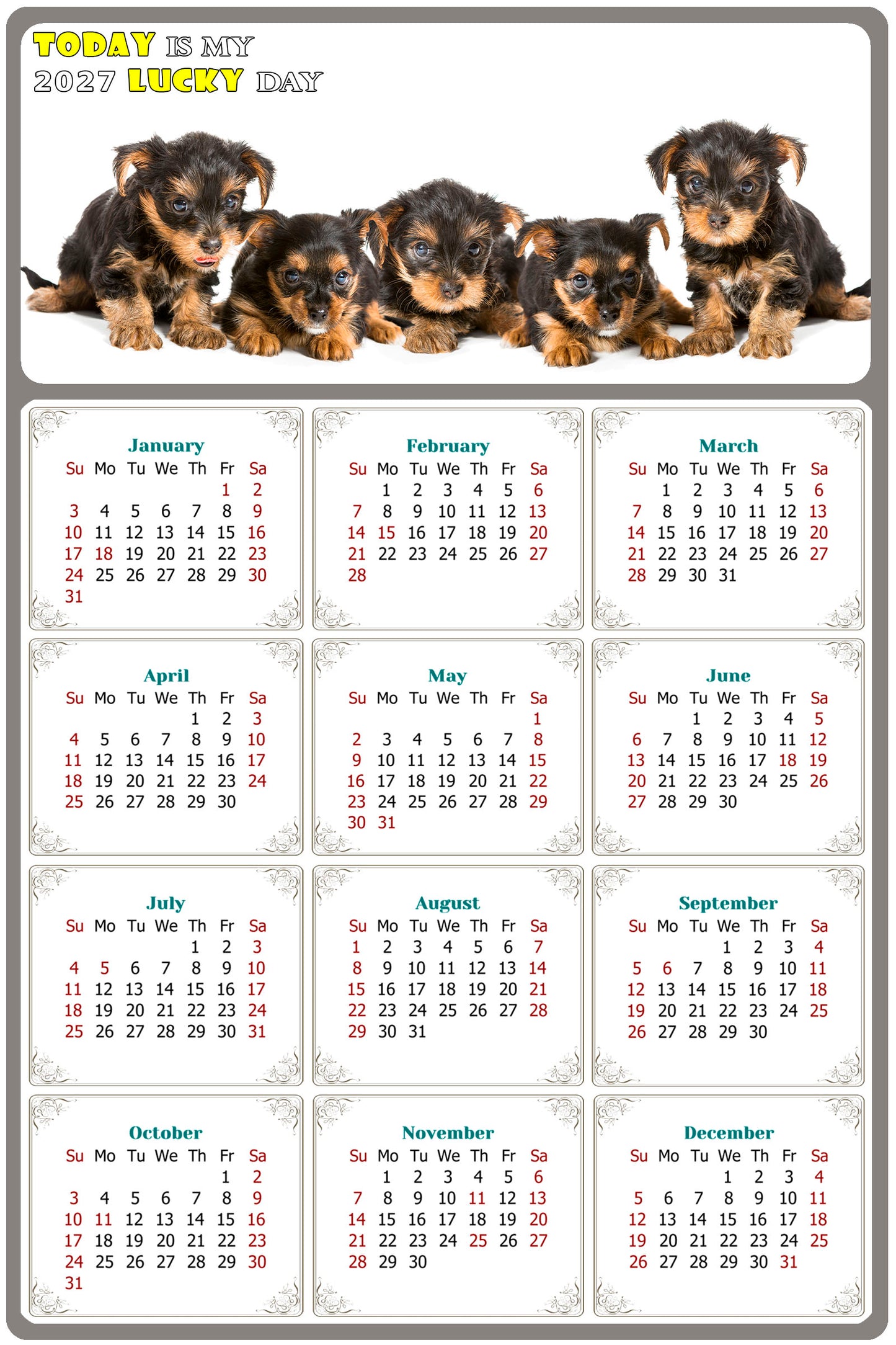 2027 Magnetic Calendar - Today is My Lucky Day (Fade, Tear, and Water Resistant)- Dogs Themed 016