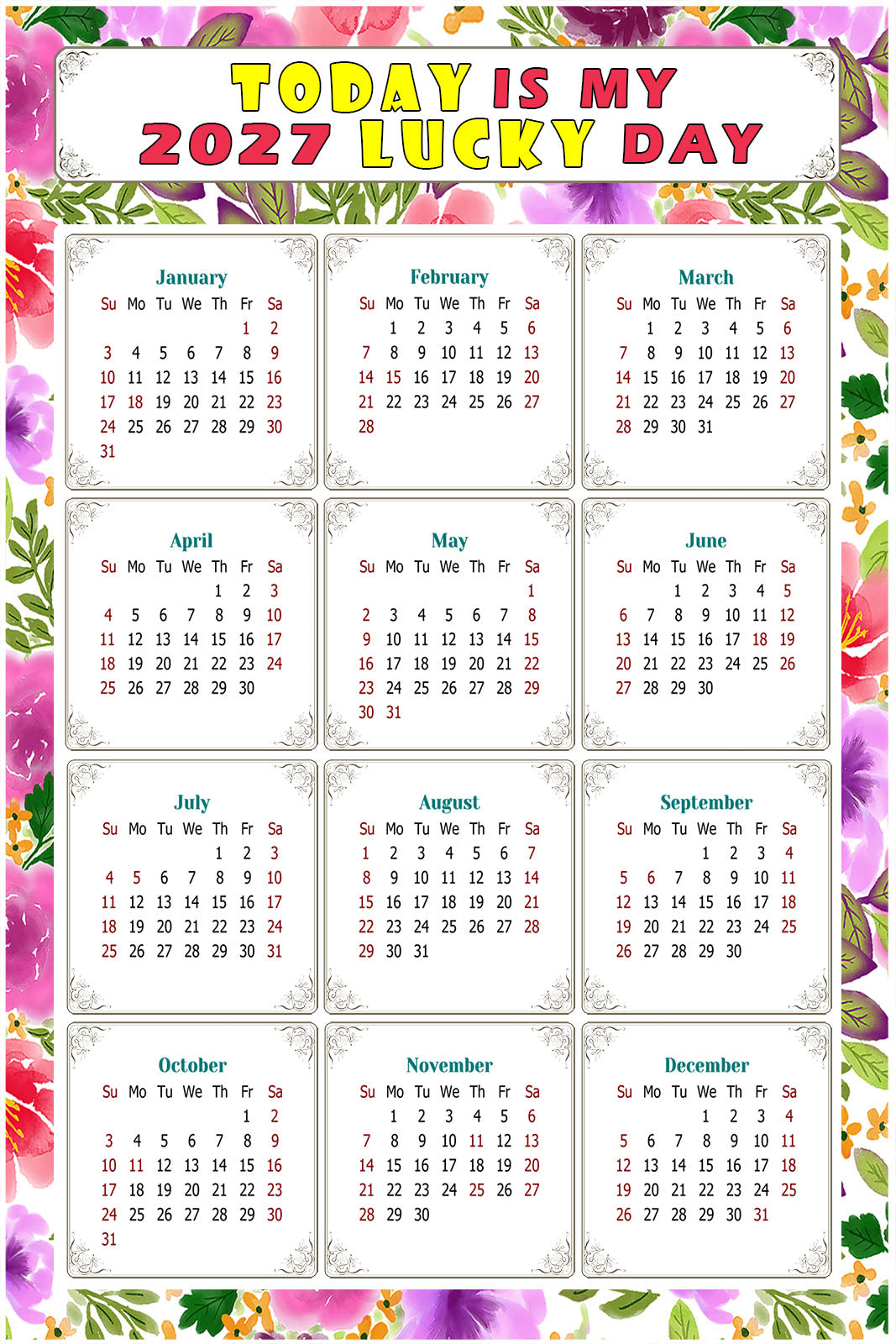 2027 Peel & Stick Calendar - Today is my Lucky Day Removable - 023