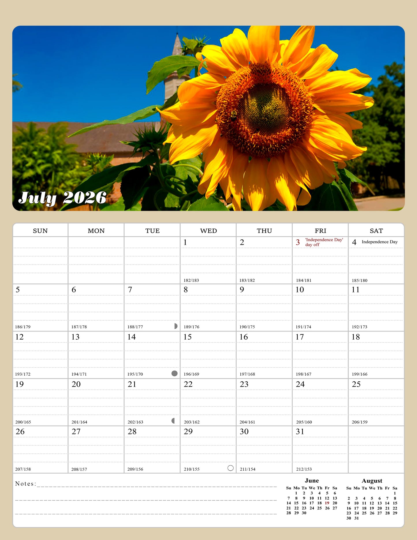 2026 - 2027 Calendar Magnetic Peel & Stick 18 Months 8.5" x 11" Sunflowers