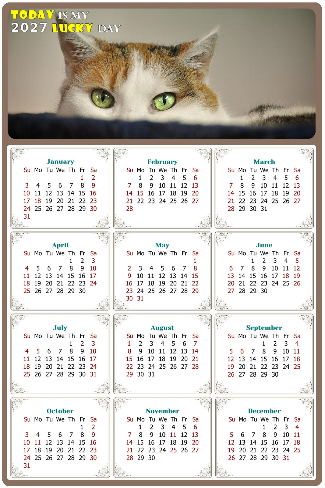 2027 Peel & Stick Calendar - Today is my Lucky Day Removable - Cat 012 (12"x 8")