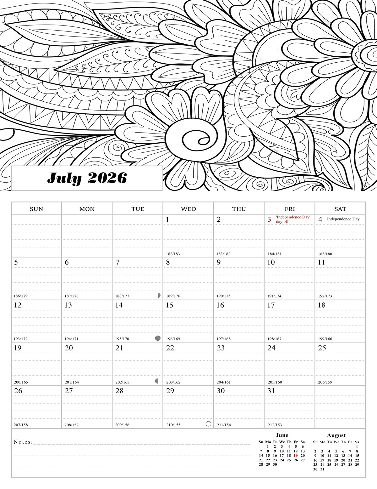 2026 - 2027 Wall Coloring Calendar Spiral-bound Twin-Wire Binding - 18 Months Planner - Large Ruled Blocks with Julian Dates - (Flowers)