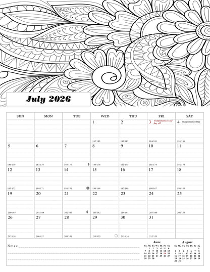 2026 - 2027 Wall Coloring Calendar Spiral-bound Twin-Wire Binding - 18 Months Planner - Large Ruled Blocks with Julian Dates - (Flowers)