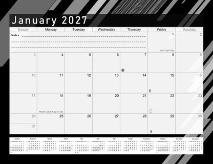 2026 - 2027 Student Calendar/Planner for 3-Ring Binder, Desk, or Wall - Black&White -v013