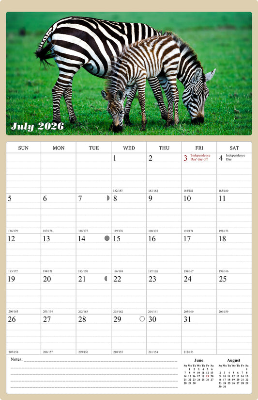 2026 - 2027 Wall Calendar Spiral-bound Twin-Wire Binding - 18 Months Planner - Large Ruled Blocks with Julian Dates - (Baby Animals)