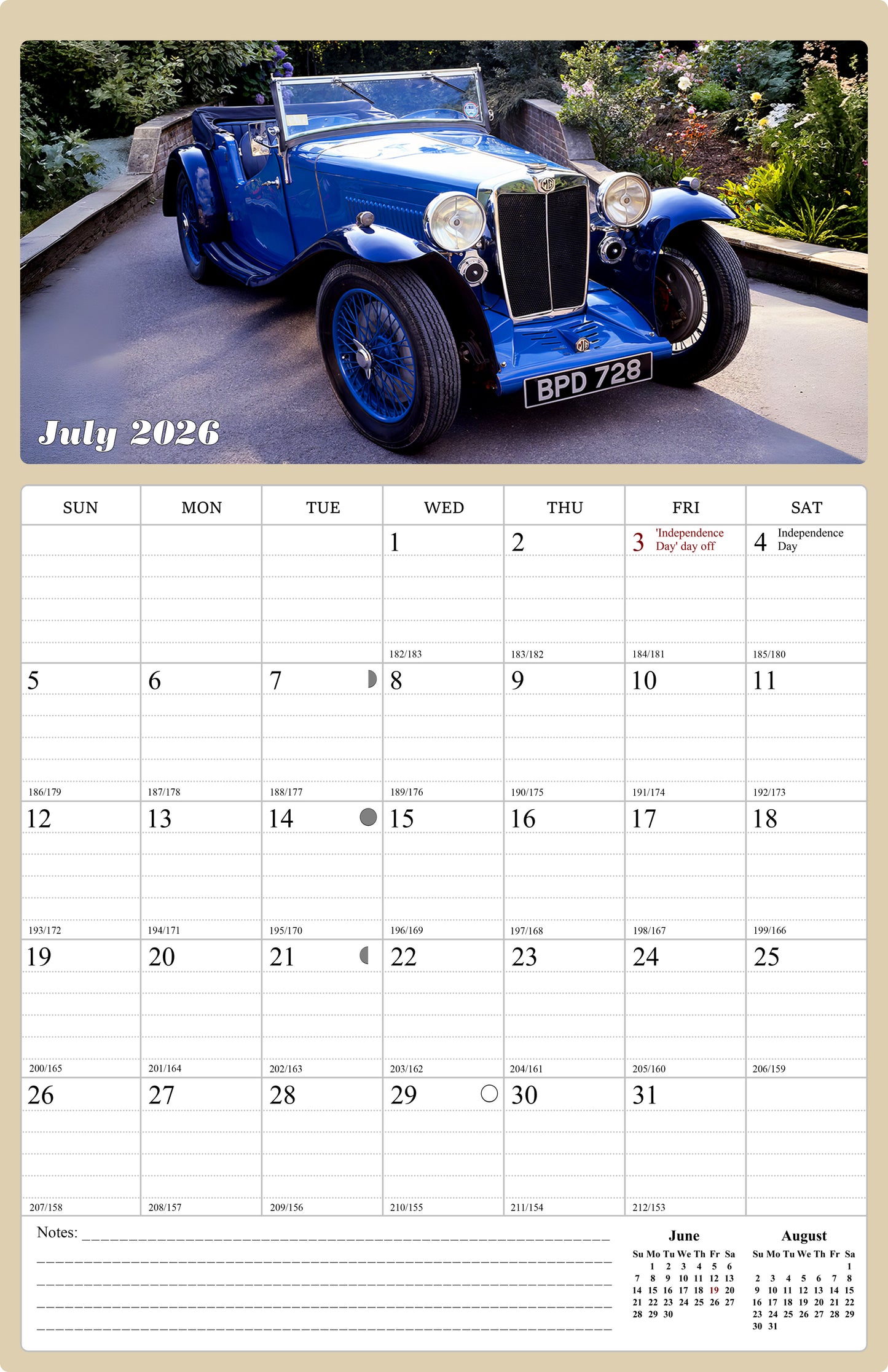 2026 - 2027 Wall Calendar Spiral-bound Twin-Wire Binding - 18 Months Planner - Large Ruled Blocks with Julian Dates - (Classic Cars)