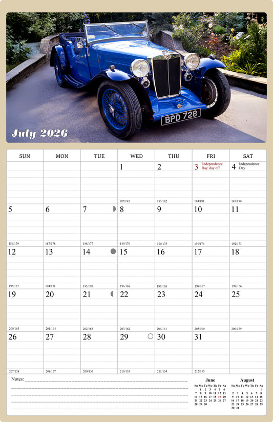 2026 - 2027 Wall Calendar Spiral-bound Twin-Wire Binding - 18 Months Planner - Large Ruled Blocks with Julian Dates - (Classic Cars)