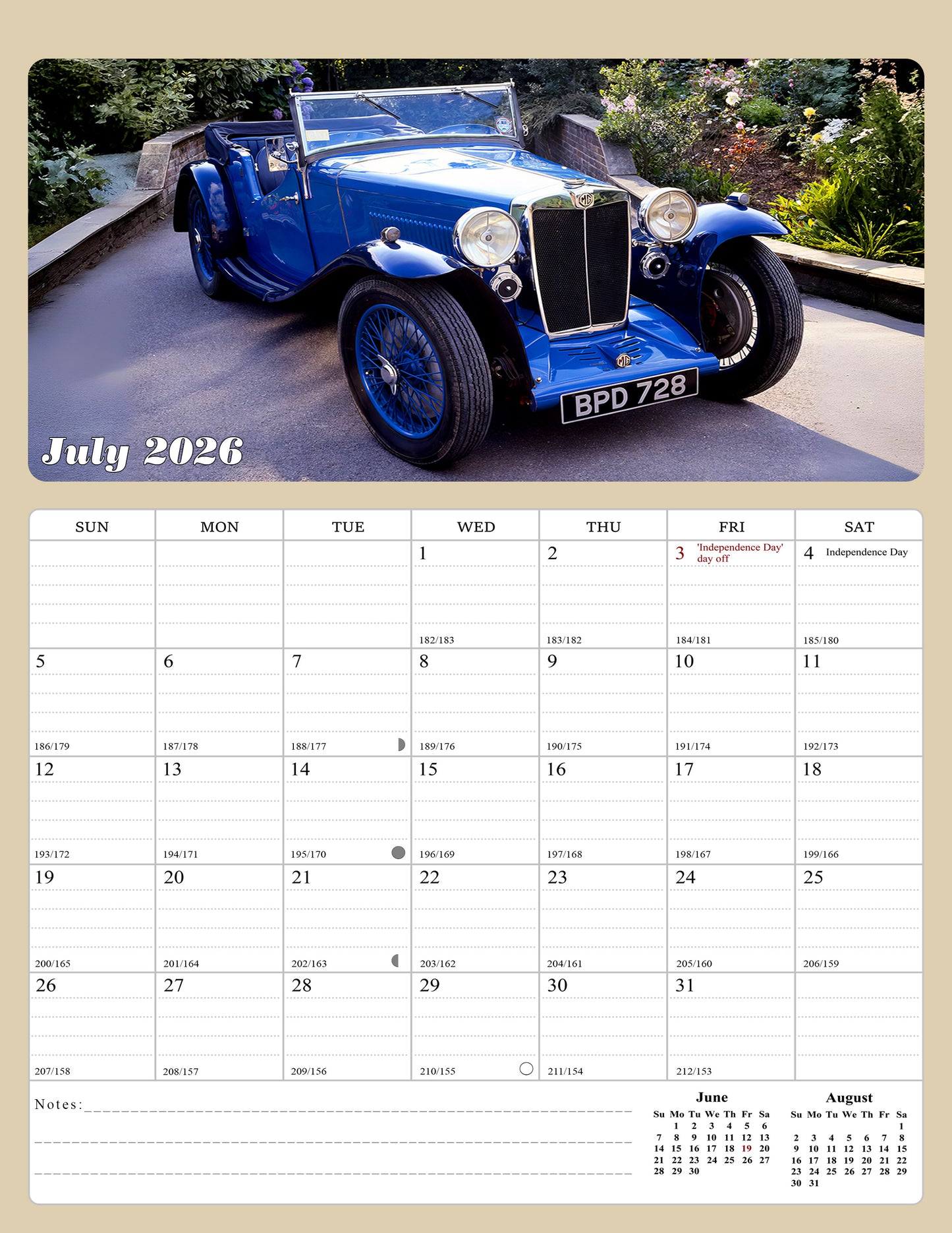 2026 - 2027 Calendar Magnetic Peel & Stick 18 Months 8.5" x 11" Classic Cars