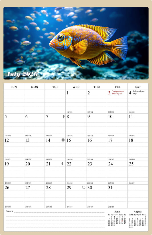 2026 - 2027 Wall Calendar Spiral-bound Twin-Wire Binding - 18 Months Planner - Large Ruled Blocks with Julian Dates - (Tropical Fishes)