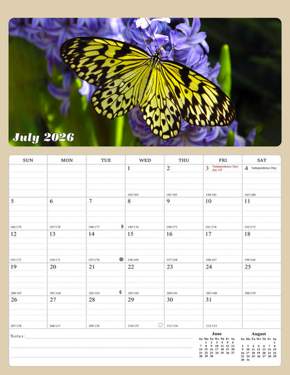2027 Wall Calendar Spiral-bound Twin-Wire Binding - 12 Months Planner - Large Ruled Blocks with Julian Dates - (Butterfly)