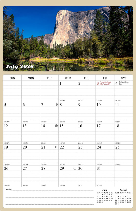 2026 - 2027 Wall Calendar Spiral-bound Twin-Wire Binding - 18 Months Planner - Large Ruled Blocks with Julian Dates - (Outdoors)