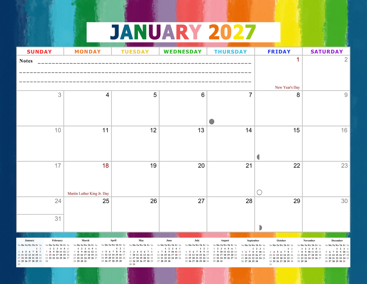 2026 - 2027 Student Calendar/Planner for 3-Ring Binder, Desk, or Wall - v027