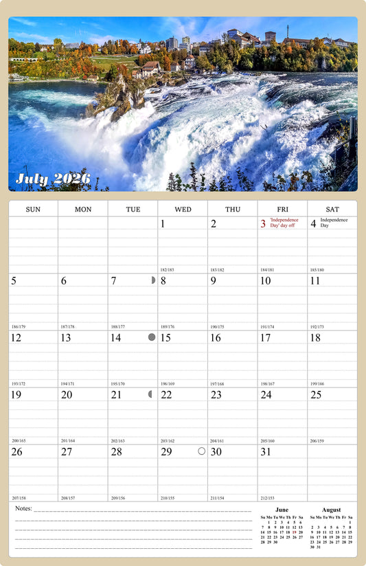 2026 - 2027 Wall Calendar Spiral-bound Twin-Wire Binding - 18 Months Planner - Large Ruled Blocks with Julian Dates - (Waterfalls)