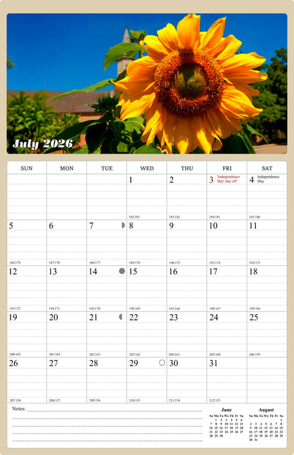 2027 Wall Calendar Spiral-bound Twin-Wire Binding - 12 Months Planner - Large Ruled Blocks with Julian Dates - (Sunflowers)