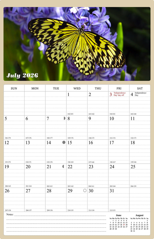 2026 - 2027 Wall Calendar Spiral-bound Twin-Wire Binding - 18 Months Planner - Large Ruled Blocks with Julian Dates - (Buterflyes)