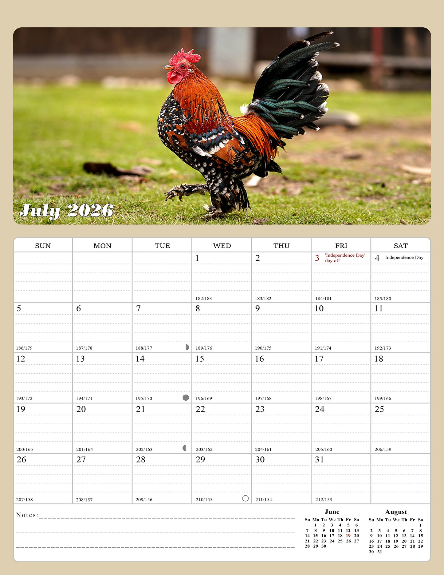 2026 - 2027 Calendar Magnetic Peel & Stick 18 Months 8.5" x 11" Roosters