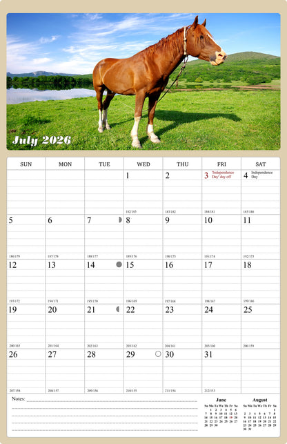 2026 - 2027 Wall Calendar Spiral-bound Twin-Wire Binding - 18 Months Planner - Large Ruled Blocks with Julian Dates - (Horses)